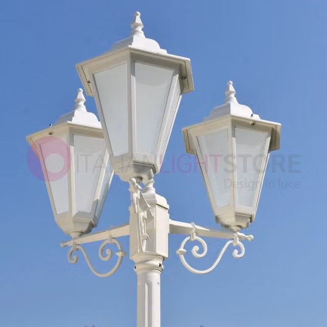 Lampione da giardino Iris Luce Linea Garden Dafne Bianco con 3 lanterne in metallo e vetro, Altezza: 251 cm