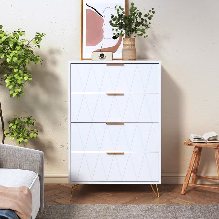 Comodino con 4 cassetti, struttura in tessuto, mobiletto contenitore, bianco, 60x34x90 cm
