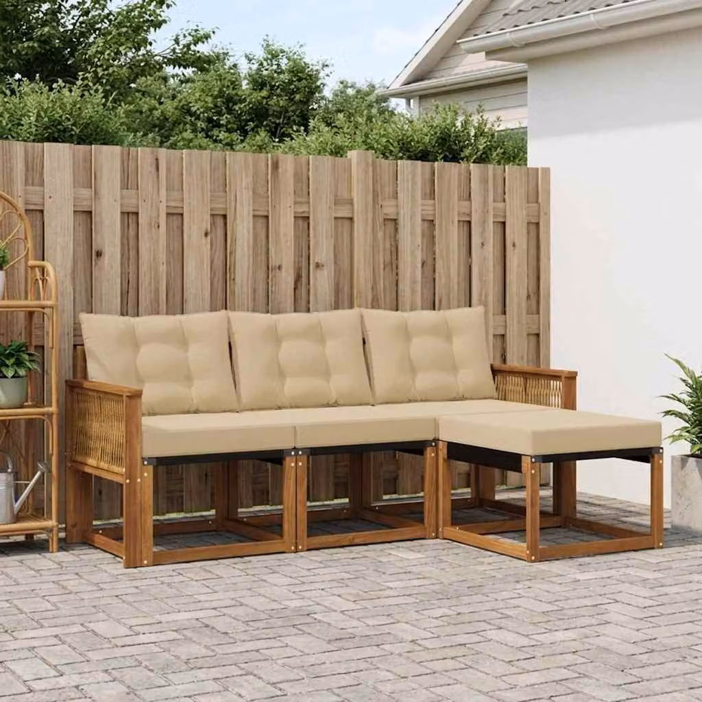 vidaXL Set di divani da esterno a L composto da 4 pezzi in legno di acacia e tessuto textilene, colore marrone e beige con cuscini inclusi