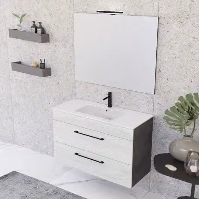 Mobile bagno sospeso Smart bianco e legno con specchio LED e cassetto L/P/H: 100 x 43 x 62 cm
