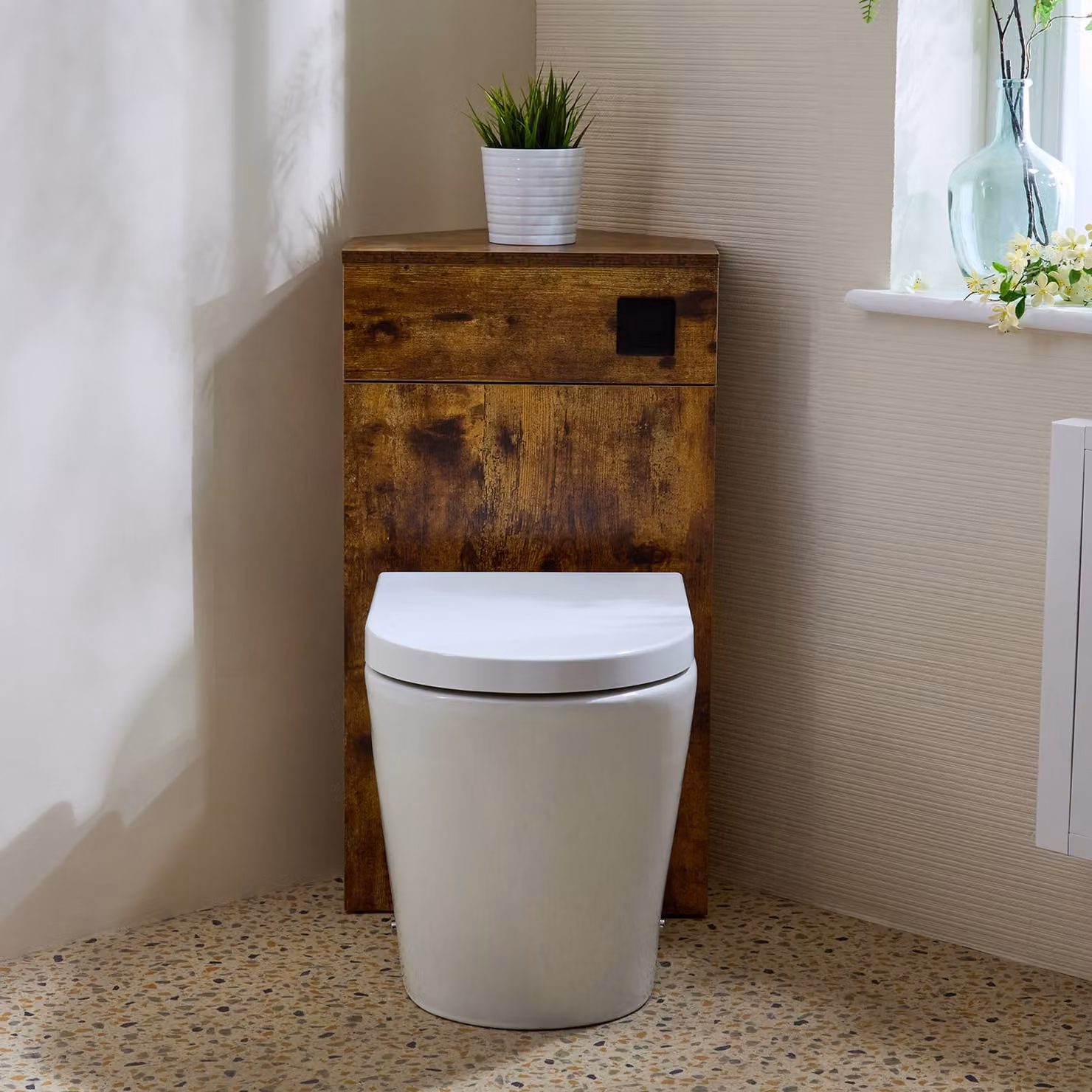 Unità WC Angolare per WC in Rovere Scuro con Sanitario Alswear - con Pulsante di Scarico Nero - Cluo