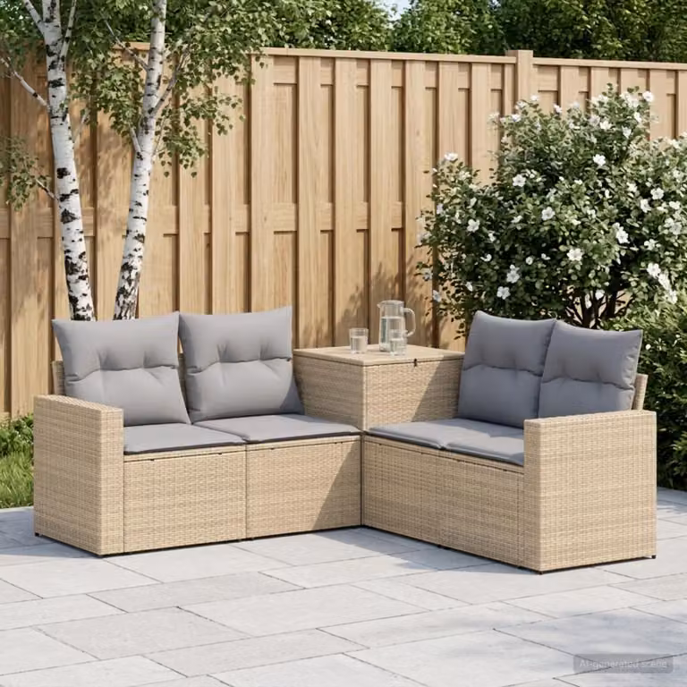 Set di divani da giardino a L vidaXL in polyrattan con cuscini Beige e Grigio