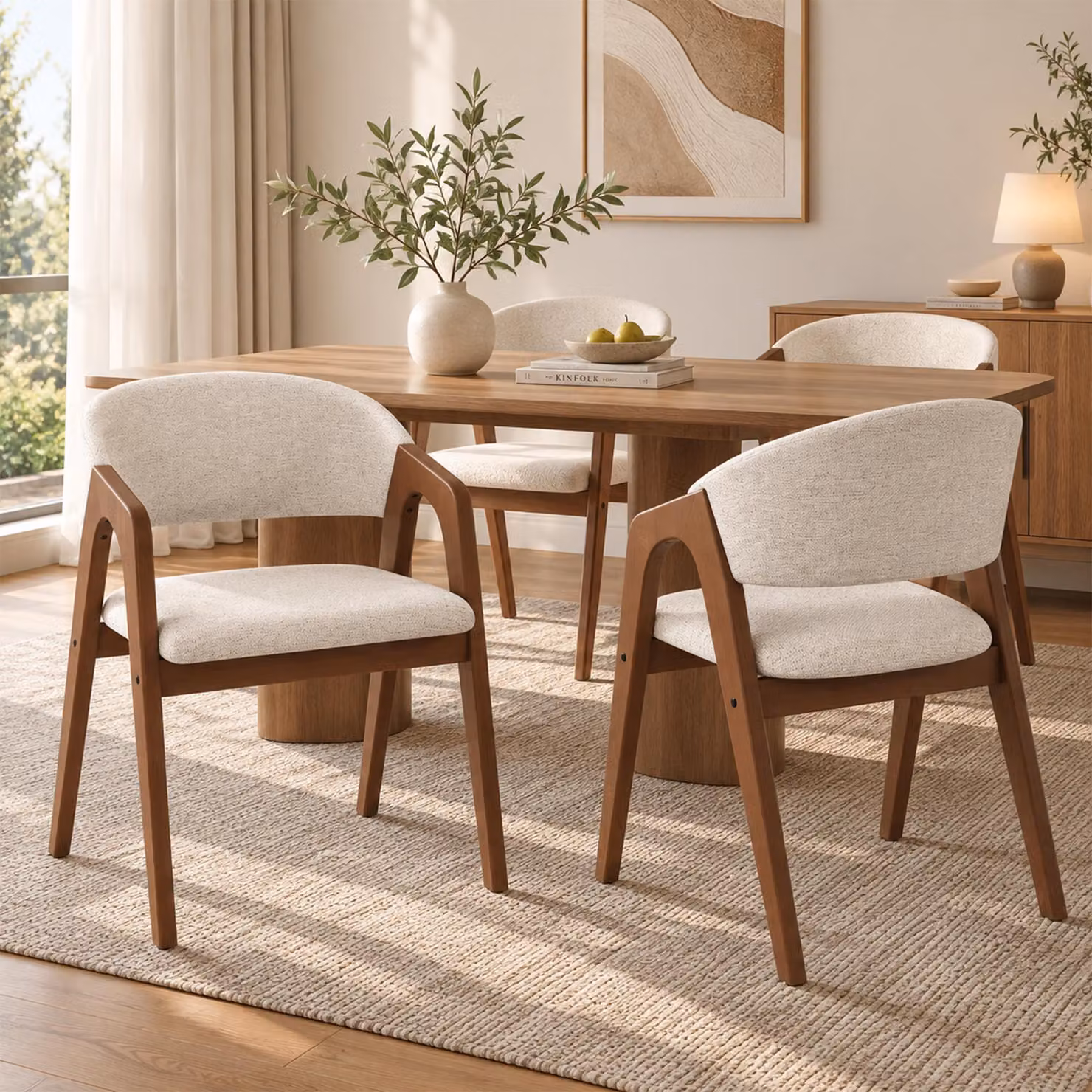 Set di 4 sedie da pranzo Flieks, poltrone con schienali sagomati, sedie per la cucina o il soggiorno, rivestite in lino, finitura in legno di noce