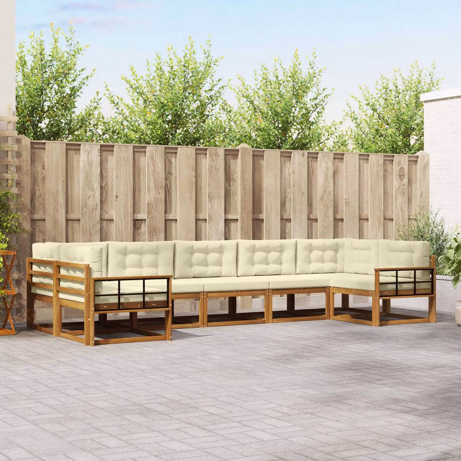 Set di divani da esterno vidaXL a forma di L in legno di acacia, 7 pezzi, colore marrone e beige con cuscini inclusi