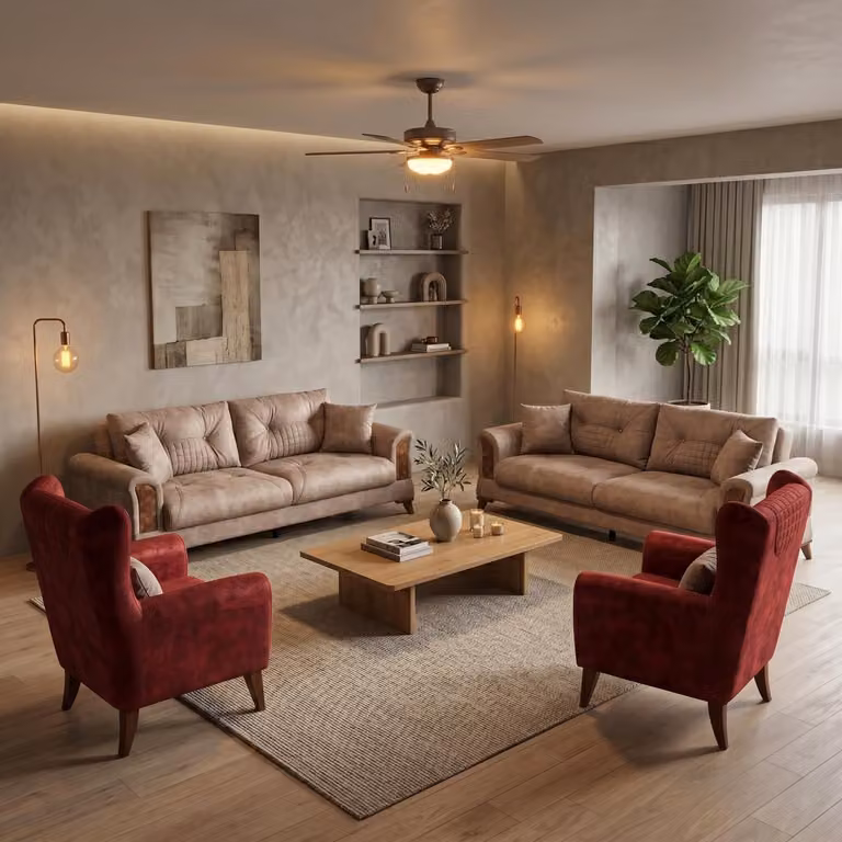 Divano componibile: 2 divani a 3 posti, 2 poltrone. Design moderno, colore marrone e rosso. Elegante set di divani