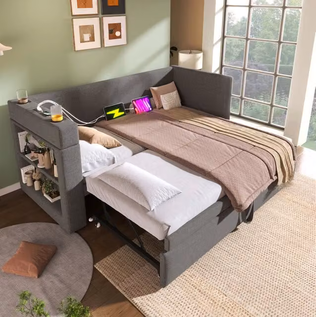 Divano letto estraibile 90x190 cm in cotone e lino grigio con USB; Type-C e portabicchieri