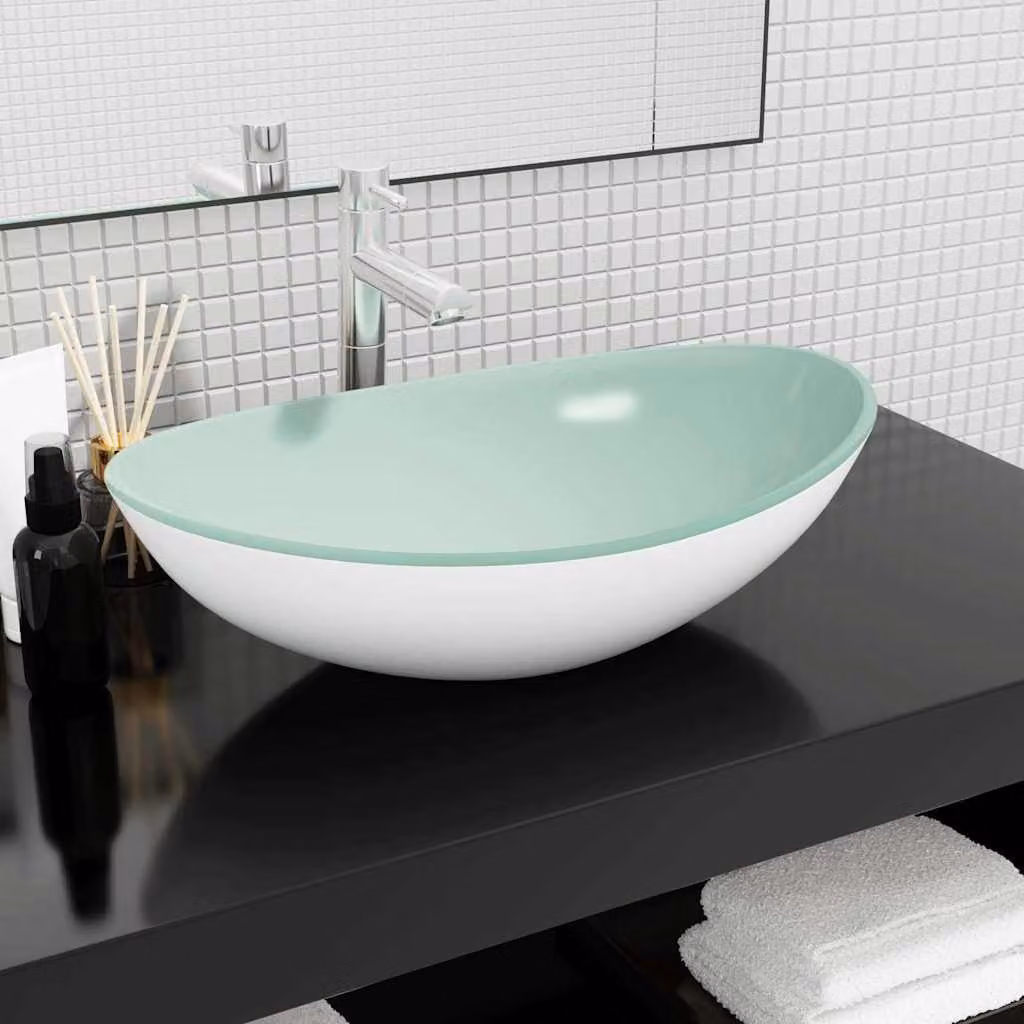 Lavandino da appoggio ovale in vetro temperato vidaXL Bianco L: 54,5 cm, P: 35 cm, H: 15,5 cm
