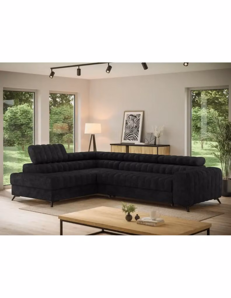 Divano ad angolo con funzione letto collezione KANEDOJO MEUBLORAMA colore Nero con struttura in legno e metallo e poggiatesta regolabile L/P/H: 269 x 204 x 86 cm – 2