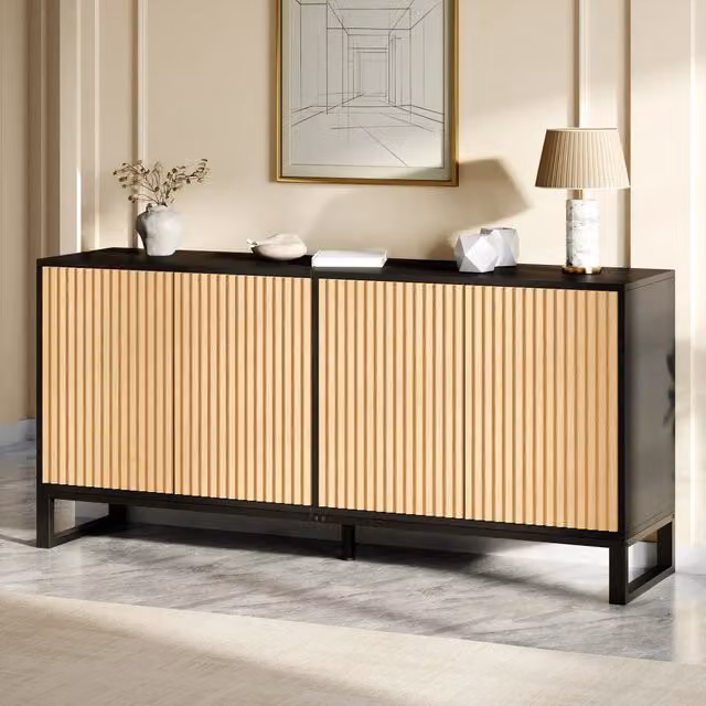 Scarpiera moderna Mivray con 4 ante e ripiani regolabili in MDF, colore nero e beige, L: 160 cm, P: 40 cm, H: 75 cm