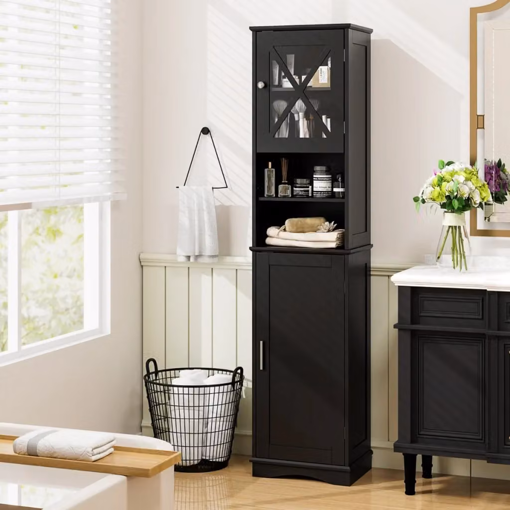 Armadio da bagno salvaspazio Design In nero con 5 ripiani regolabili e ante a battente, H 170,5 cm x L 30 cm x P 40 cm – 2