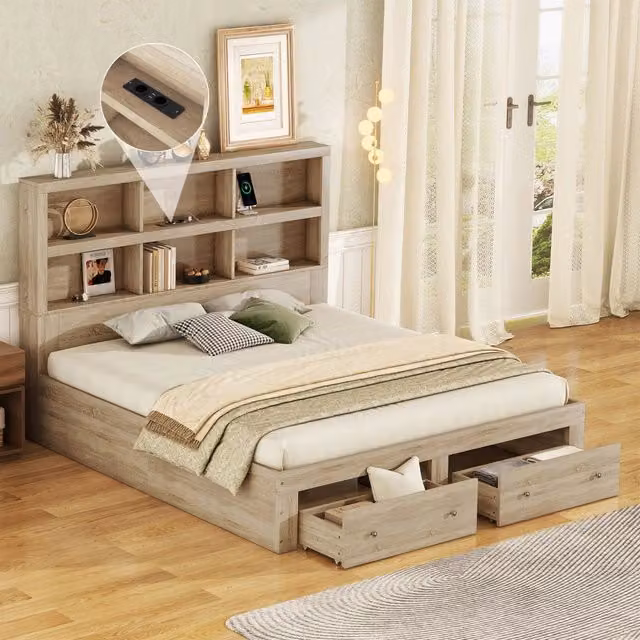 Letto matrimoniale a piattaforma 160 × 200 cm in pannello truciolare naturale con testiera e due cassetti