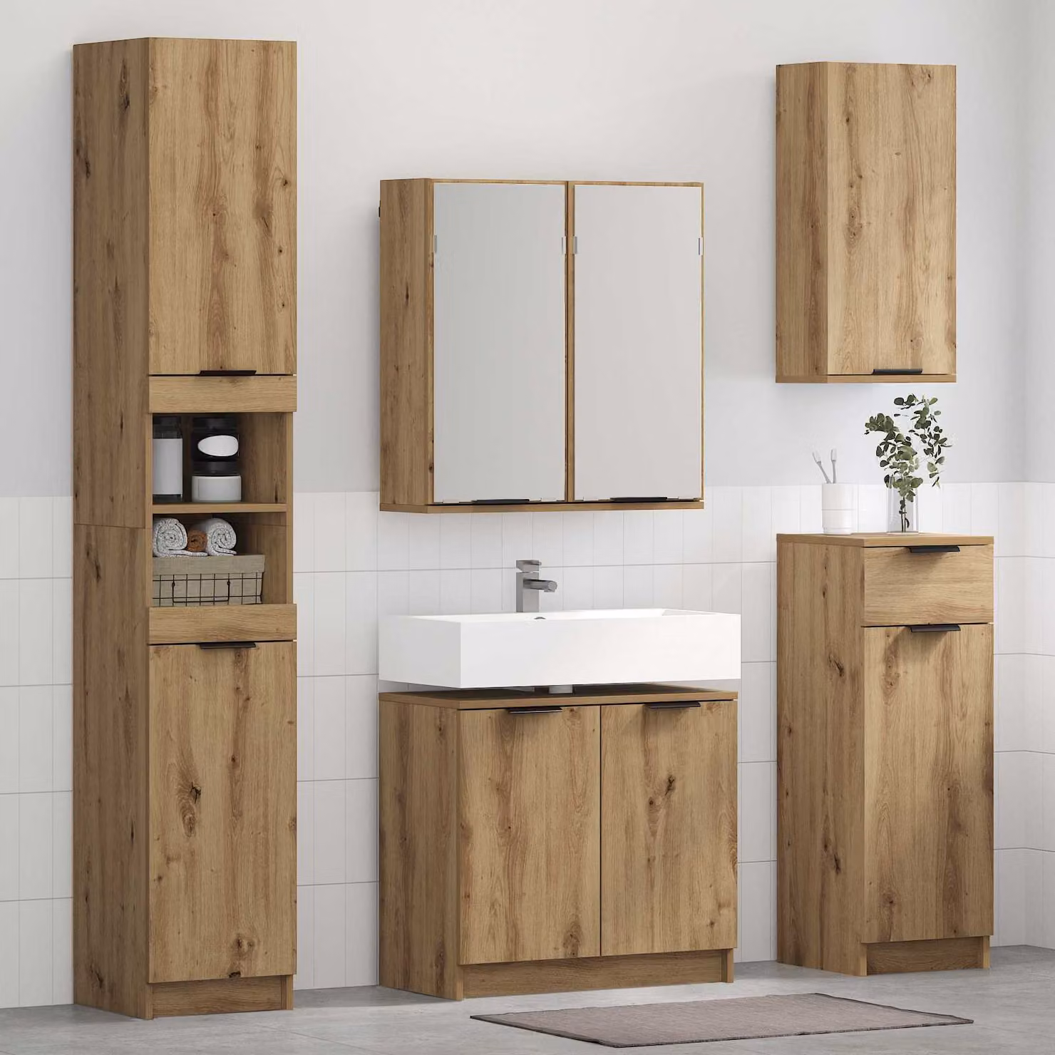 Set di mobili per il bagno moderno vidaXL in legno marrone e nero composto da mobile lavabo, pensile con specchio e armadietto a muro