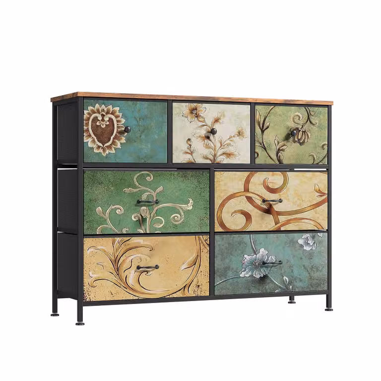 Comodino INONEFT con 7 cassetti in tessuto, mobiletto contenitore con cassetti in tessuto, mobiletto portaoggetti per soggiorno, stile vintage, dimensioni 100x30x78 cm