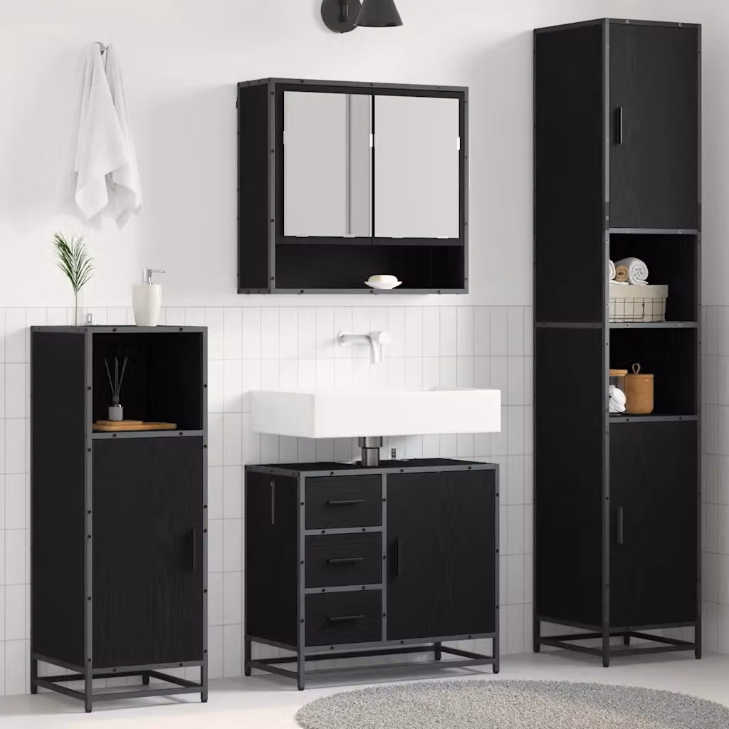 Set di mobili per il bagno vidaXL 3 pezzi in rovere e nero con armadietto a specchio e mobile lavabo L/P/H: 188,5 x 90 x 33 cm – 1