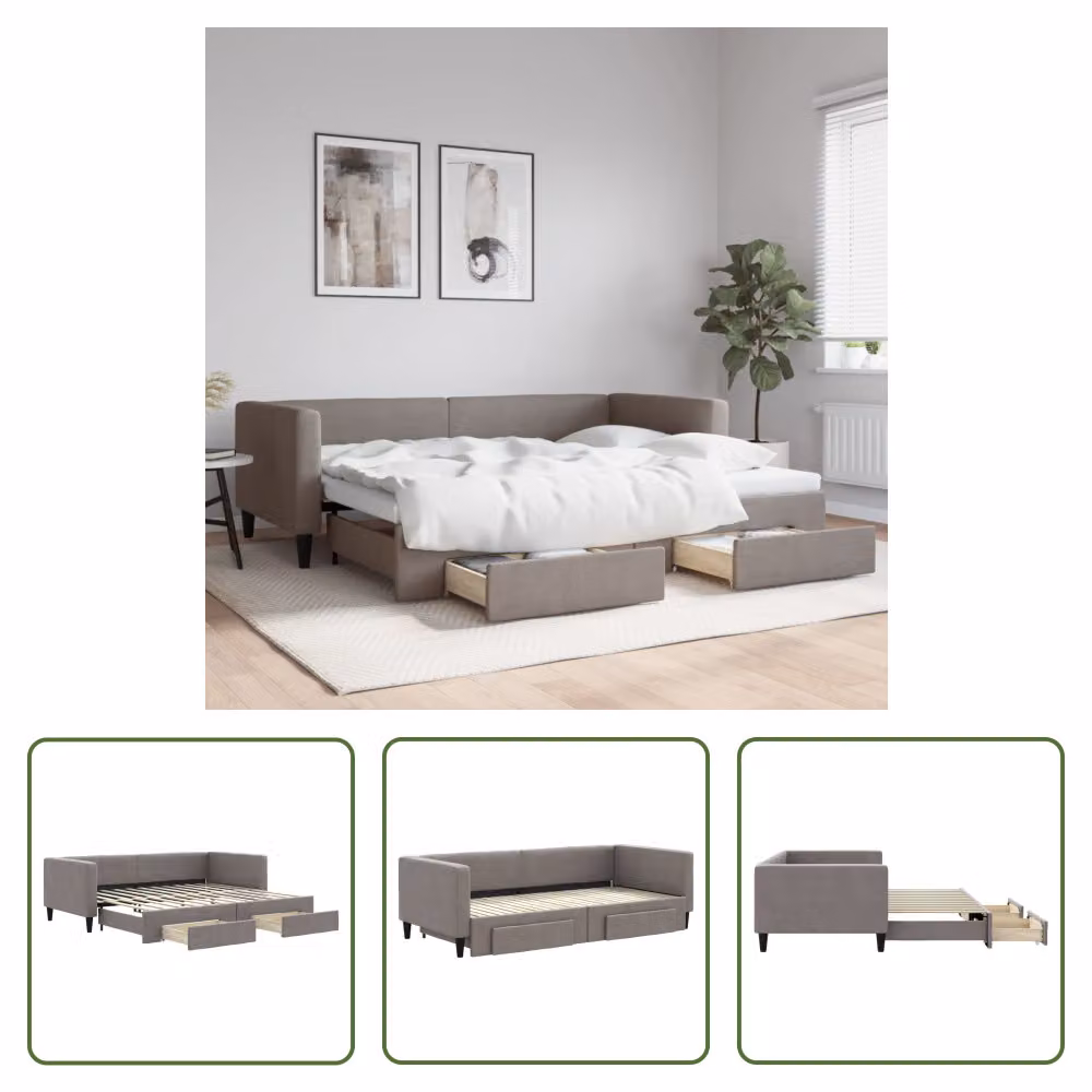 The Living Store Letto allungabile con cassetti Taupe 90x200 cm tessuto