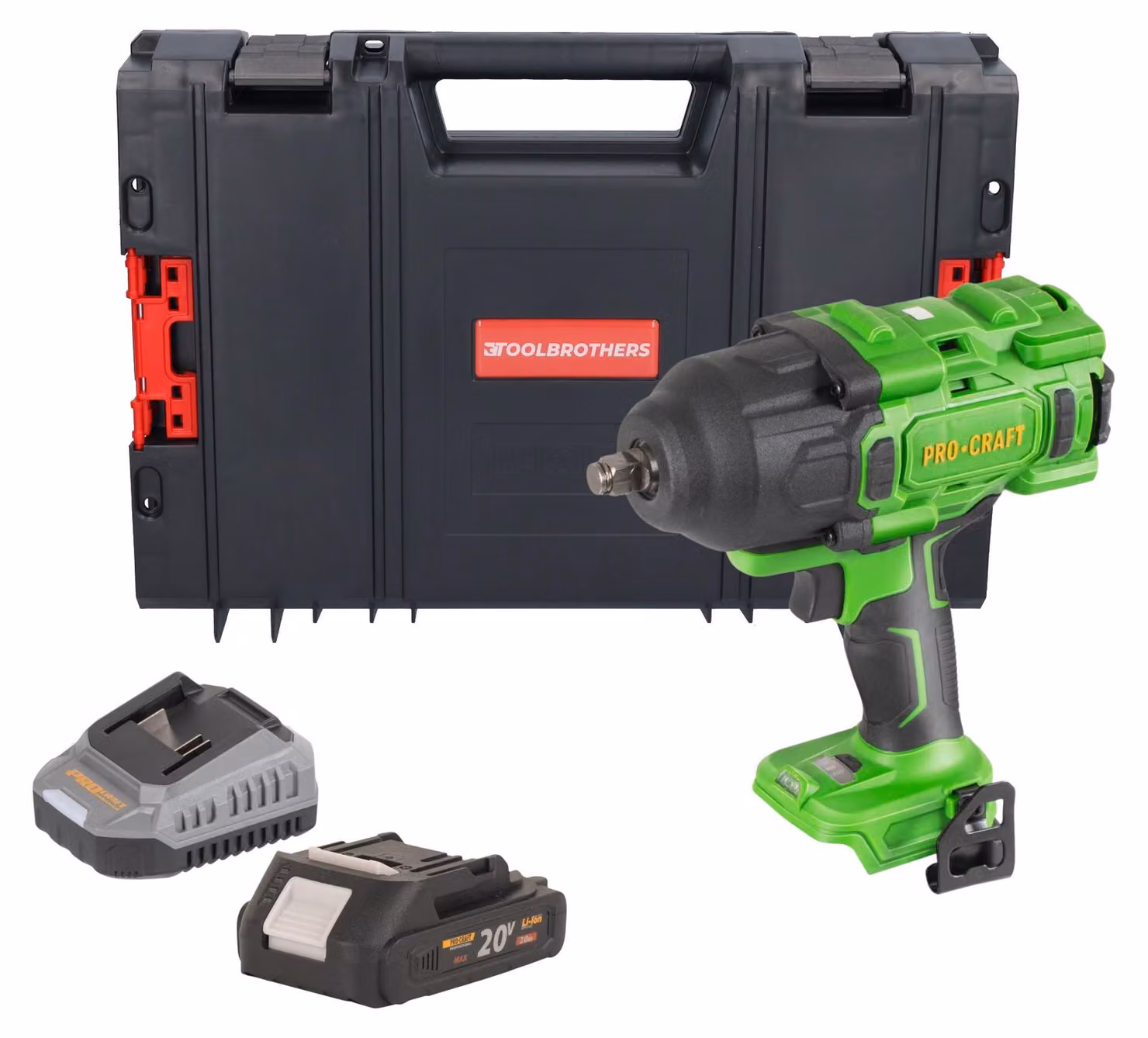 Avvitatore a impatto a batteria Procraft PWA80bb 20 V 1600 Nm 1/2" Brushless + 1x batteria 2,0 Ah + caricabatteria + valigetta portautensili RHINO