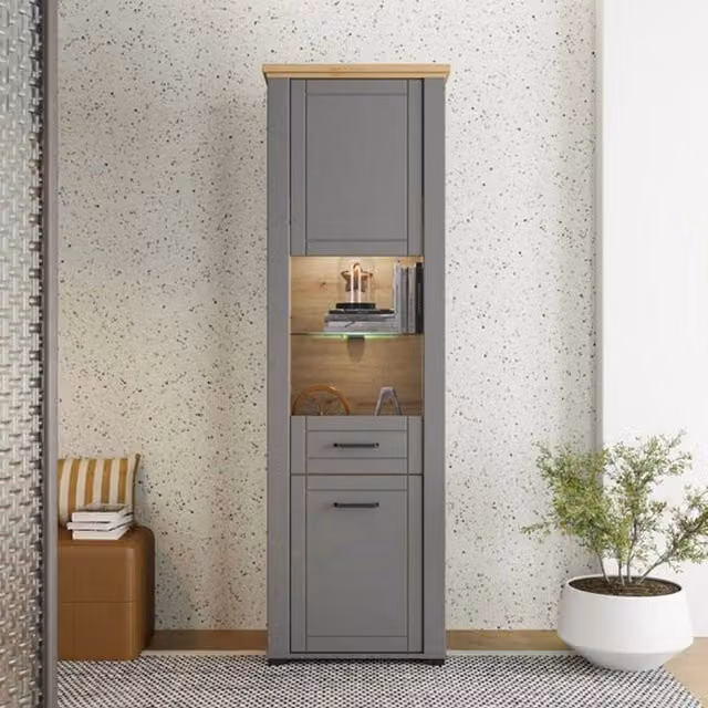 Mobile Espositore Vetrina Piscinas DMORA con Ante in Vetro e 4 Ripiani, Grigio, L: 60.5 cm, P: 41 cm, H: 194.5 cm