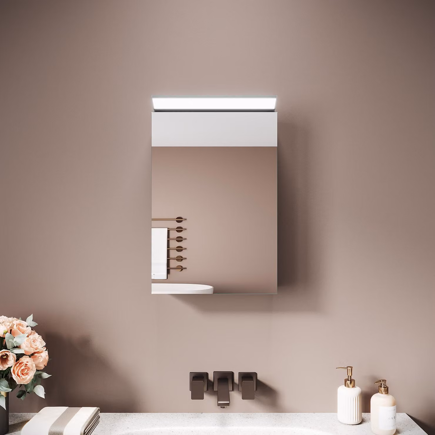 Armadio a specchio Sonni a un'anta in acciaio inox 36 x 52 x 12 cm bianco-argento con illuminazione frontale a specchio, facile da pulire