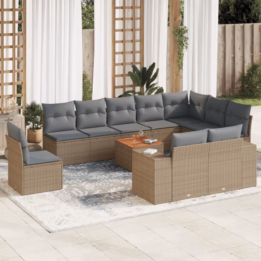 vidaXL Set Divani da Giardino 11 pz in Polyrattan con Cuscini Beige e Tavolino da Esterno – 1