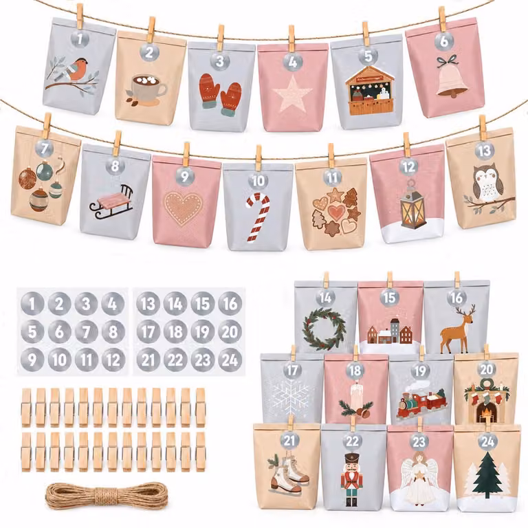 Calendario dell'Avvento da riempire: 24 sacchetti, dimensioni 21,5 x 17 cm, realizzati in carta kraft con mollette di legno, corda di iuta e adesivi con i numeri per l'anno 2026