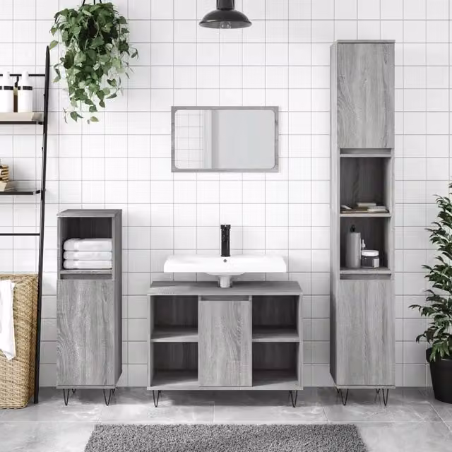 Set Mobili da Bagno 3 pz Grigio Sonoma in Legno Multistrato 3190305