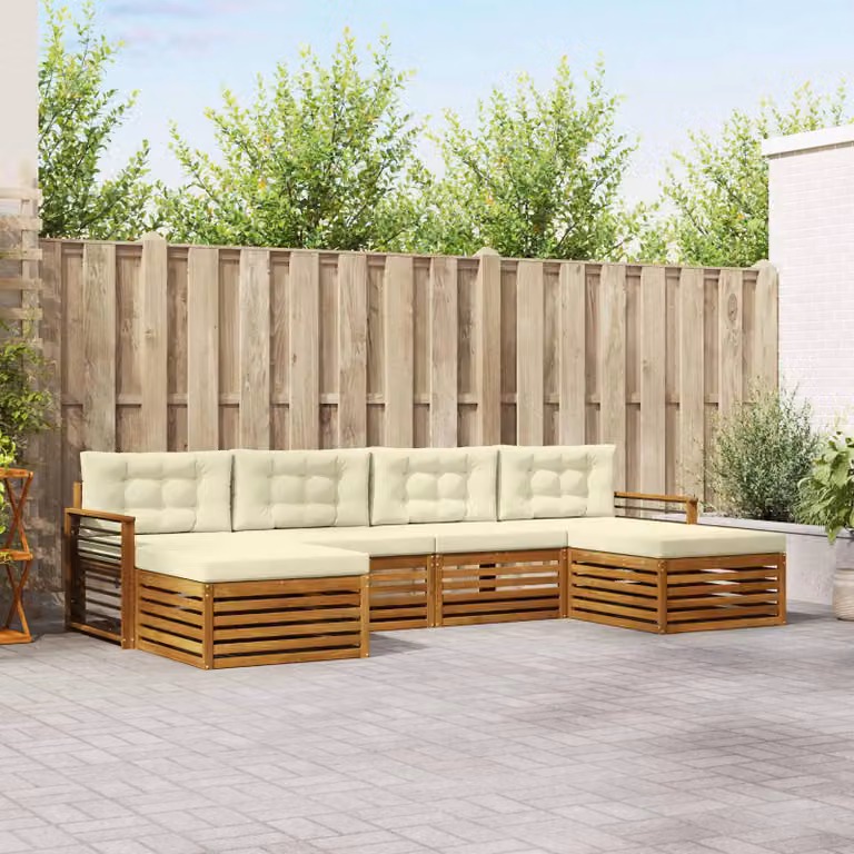 Set di divani da esterno vidaXL a forma di L in legno di acacia con 6 pezzi, colore beige e bianco