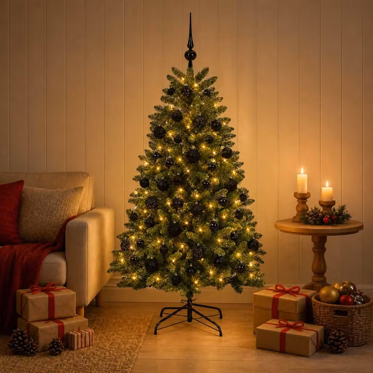 Albero di Natale artificiale, colore verde medio, con decorazioni a palline, altezza 150 cm