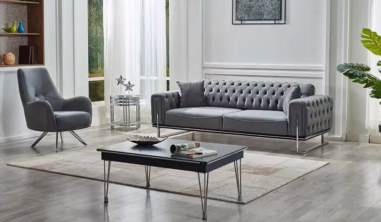 Modern Design Sofagarnitur 2tlg Grau Polster Sitz Chesterfield Couchen