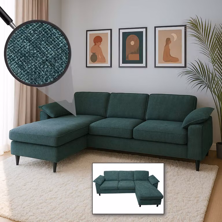 Set di divani HWC-O71, divano angolare a L, superficie reclinabile a sinistra/destra, tessuto (320 g/m²) legno 84x229x140cm ~ grigio-verde
