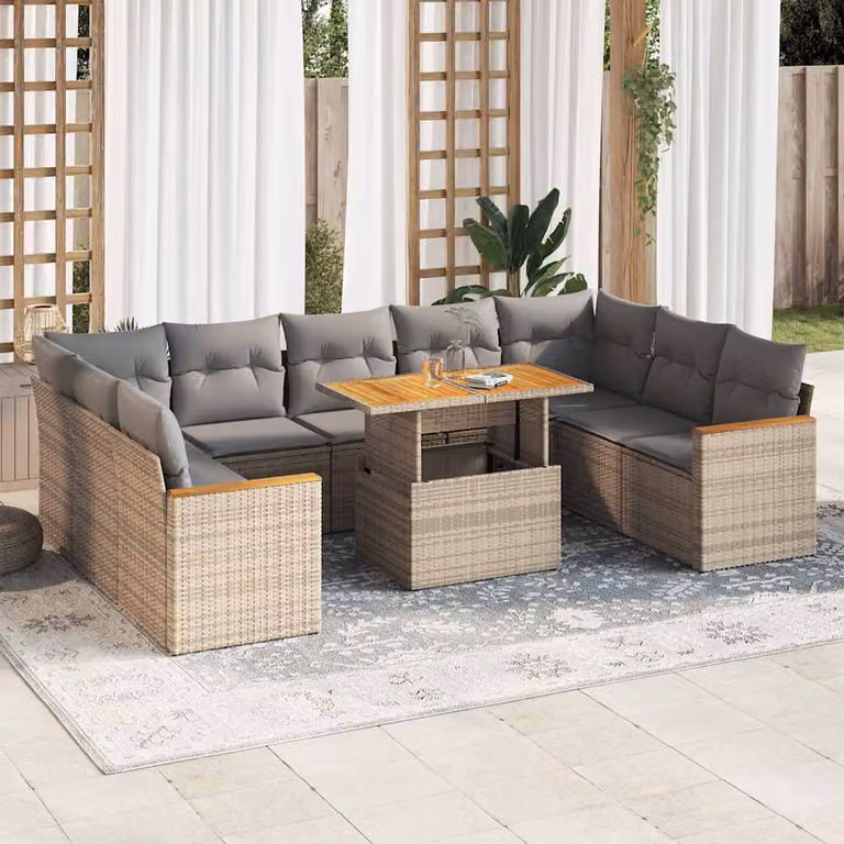 Set da giardino vidaXL composto da 10 pezzi in polyrattan e legno di acacia con cuscini beige e grigi