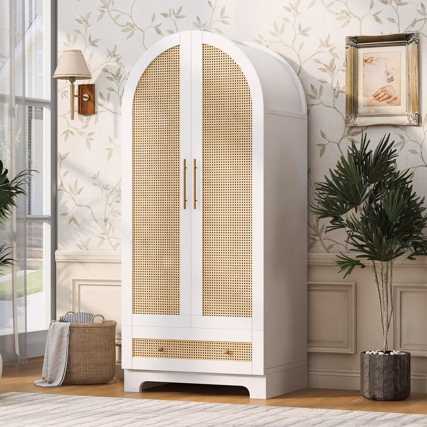 Armadio Merax con cassetti e ripiani, armadio da ingresso con ante a doppia porta e aspetto rattan, armadio moderno per la camera da letto, stile naturale