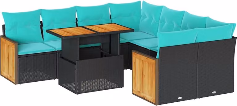 Set Divani da Giardino 9 pz con Cuscini Nero Polyrattan Acacia