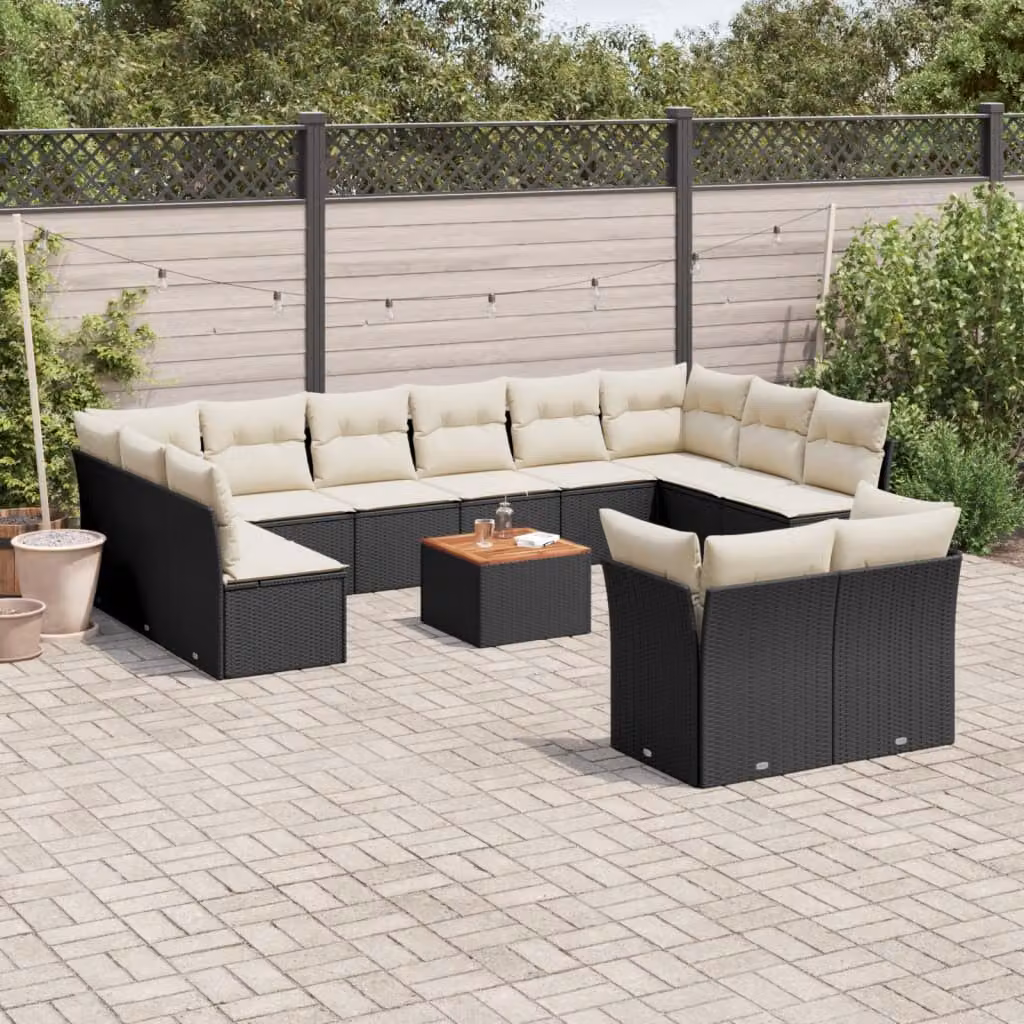 vidaXL Set Divani da Giardino a Forma di U in Polyrattan Nero con Cuscini e Tavolino da Caffè – 1