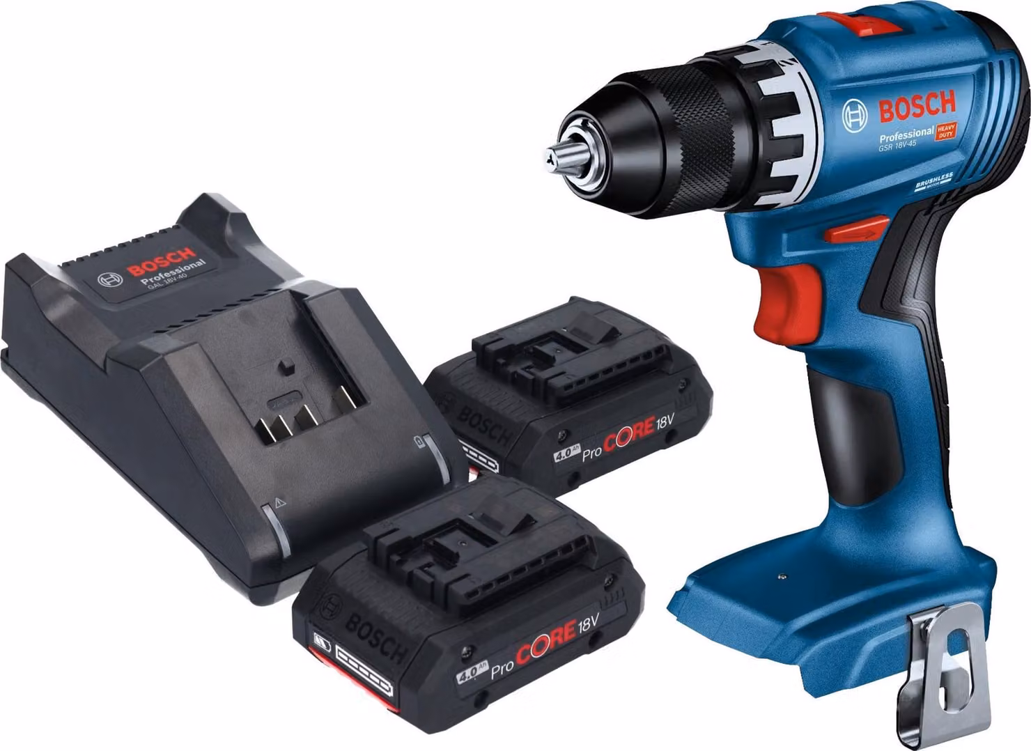 Trapano avvitatore a batteria Bosch GSR 18V-45 Professional 18 V 45 Nm Brushless + 2 batterie ProCORE da 4,0 Ah + caricabatterie