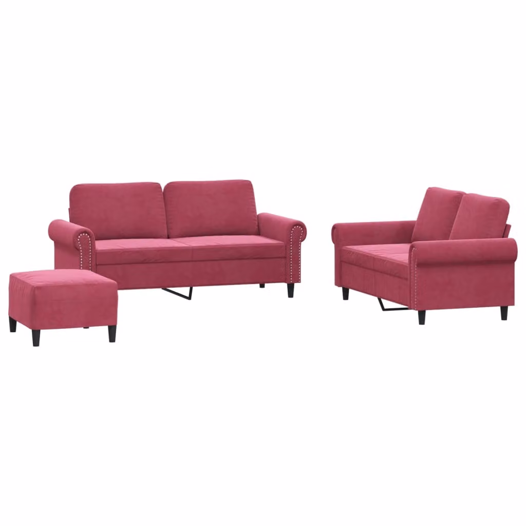 Set di Divani 3 pz con Cuscini Rosso Vino in Velluto