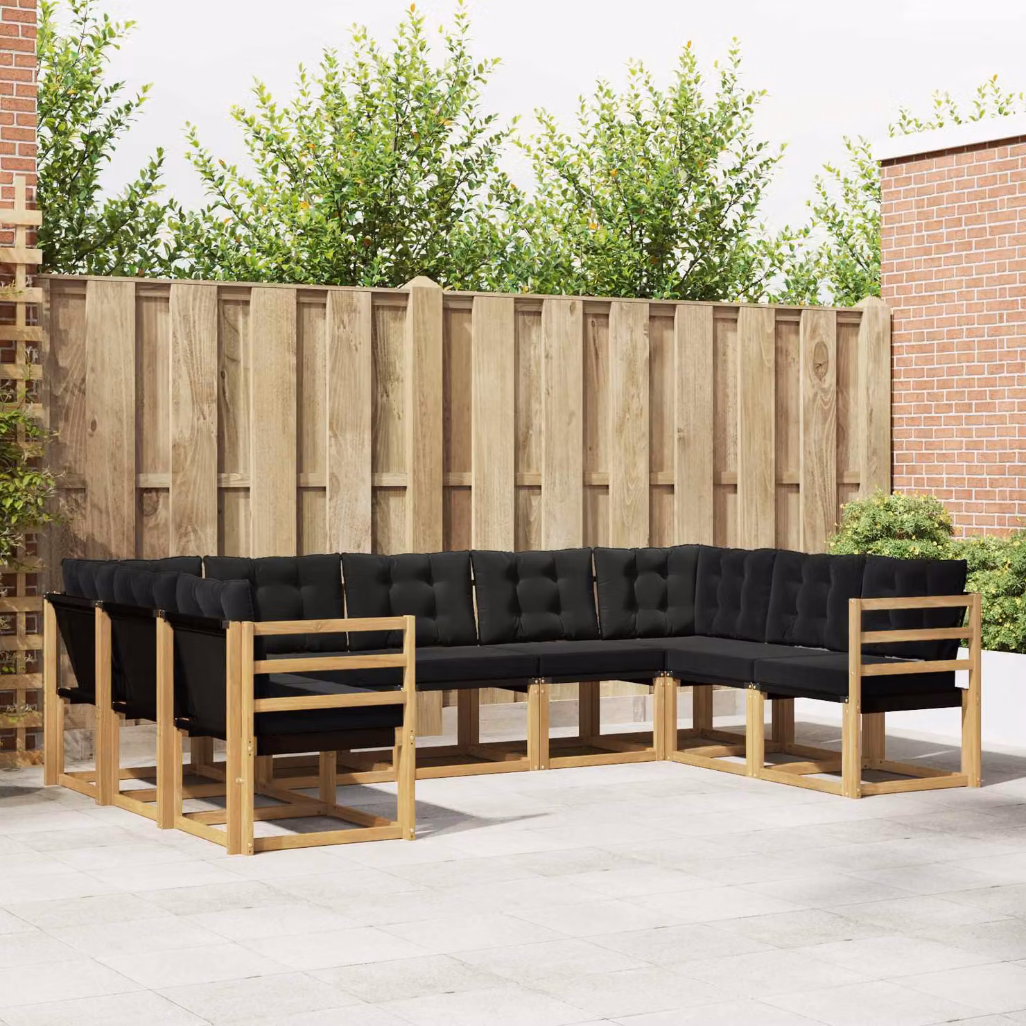 vidaXL Set di divani da esterno a forma di U composto da 9 pezzi in legno di acacia con cuscini bianchi, neri e marroni