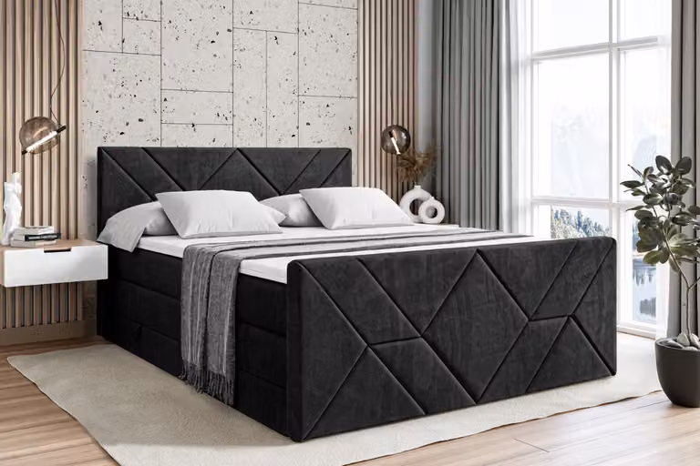 Letto boxspring ALTDECOR con pediera, 2 materassi e topper - 180x200 cm - BARWA-Z KING - Velluto nero - Letto imbottito con materassi H3 e H4, contenitore e rete a doghe, letto con spazio contenitivo