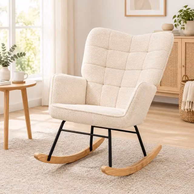 Sedia a dondolo ULEVR beige 71x98x101 cm con schienale alto imbottito e braccioli, rivestimento in poliestere