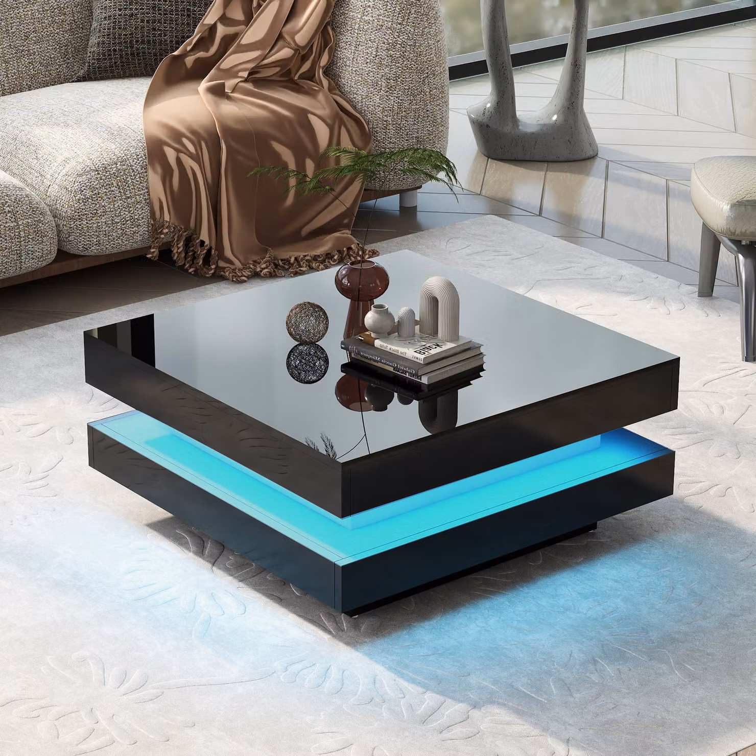 Tavolino Merax con illuminazione a LED incl. telecomando, tavolino da caffè, 70x70x36cm， Nero