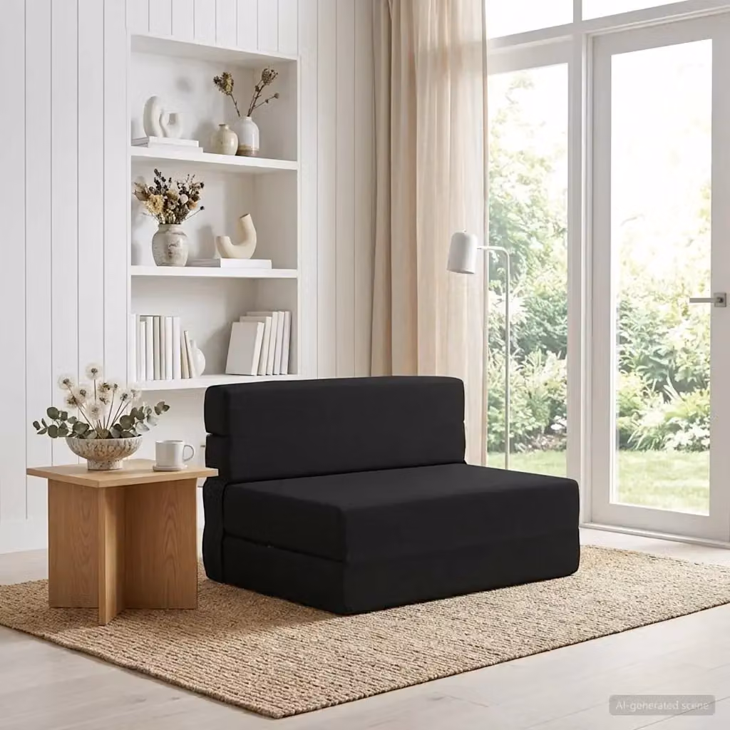 Divano letto singolo pieghevole moderno in tessuto nero L: 70 cm, P: 80 cm, H: 60 cm – 2