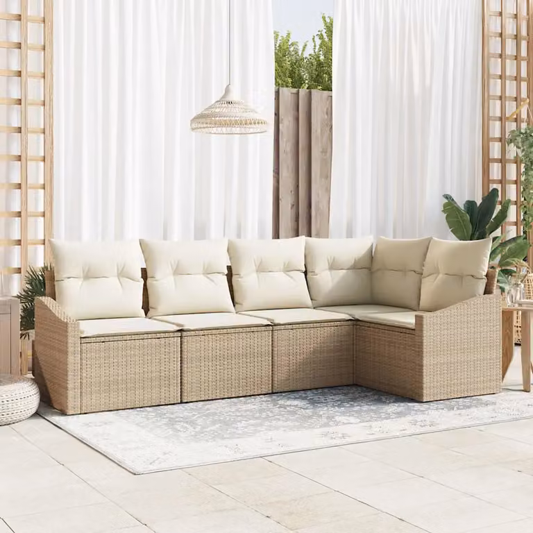 Set di divani da giardino vidaXL a forma di L in polyrattan beige con cuscini e tavolino da esterno