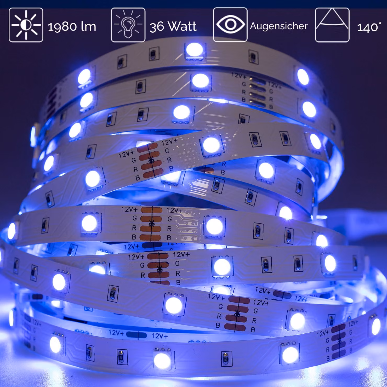 LUMILED Striscia LED 5M, 150 LED 12V RGB cambio colore 36W Striscia LED SMD Striscia LED IP33 1980 lm Striscia luminosa multicolore autoadesiva per uso interno decorazione casa cucina camera da letto, senza alimentatore