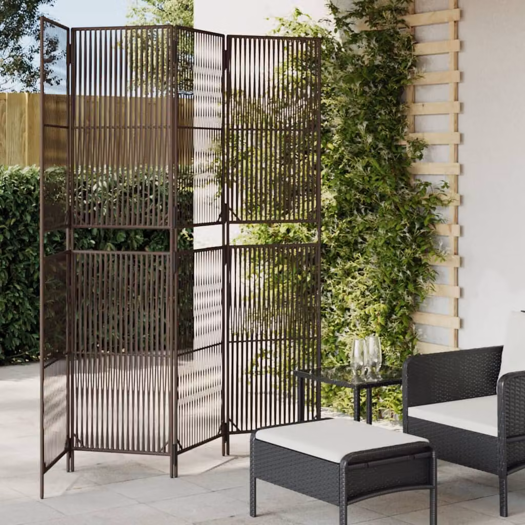 Divisorio per ambienti vidaXL a 4 pannelli in polyrattan e metallo, colore marrone