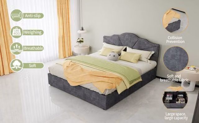 Letto imbottito moderno 160×200 cm in tessuto grigio con testiera geometrica e borchie, base alta contenitore con pistone pneumatico, senza materasso