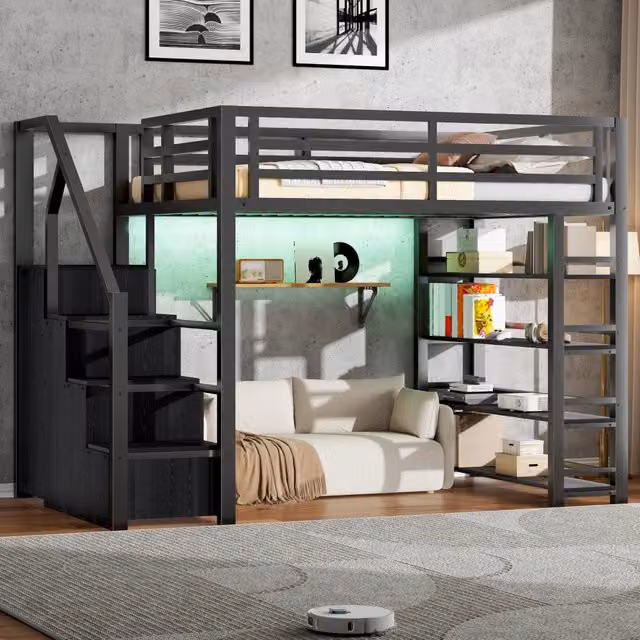 Letto a soppalco REDOM in metallo e MDF nero con illuminazione LED e scala con gradini L/P/H: 255.0 x 140 x 200 cm