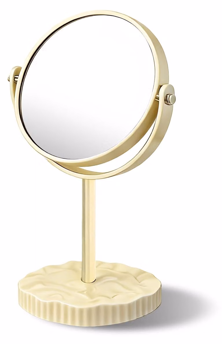 Specchio da trucco a doppio lato, cromato, altezza 30 cm, diametro 17,5 cm, da appoggiare sul tavolo