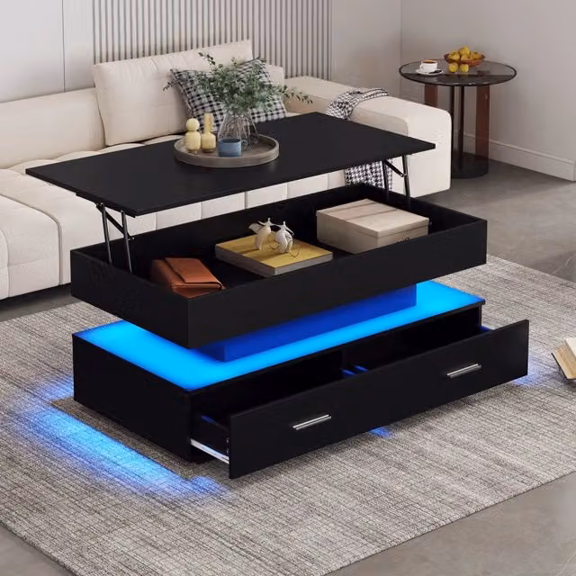 Tavolino da Salotto Nero 100x50x44cm con Alzata Idraulica, Illuminazione LED, Controllo Bluetooth APP, 2 Cassetti e Vano Aperto