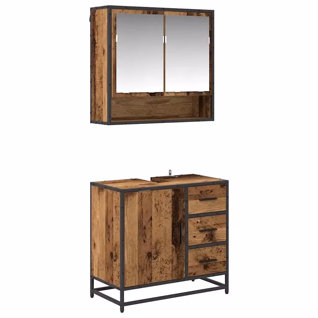 Set di mobili per il bagno vidaXL composto da mobile lavabo e armadietto con specchio in legno e metallo, colore marrone e nero, L 65 cm x P 33 cm x H 60 cm – 2