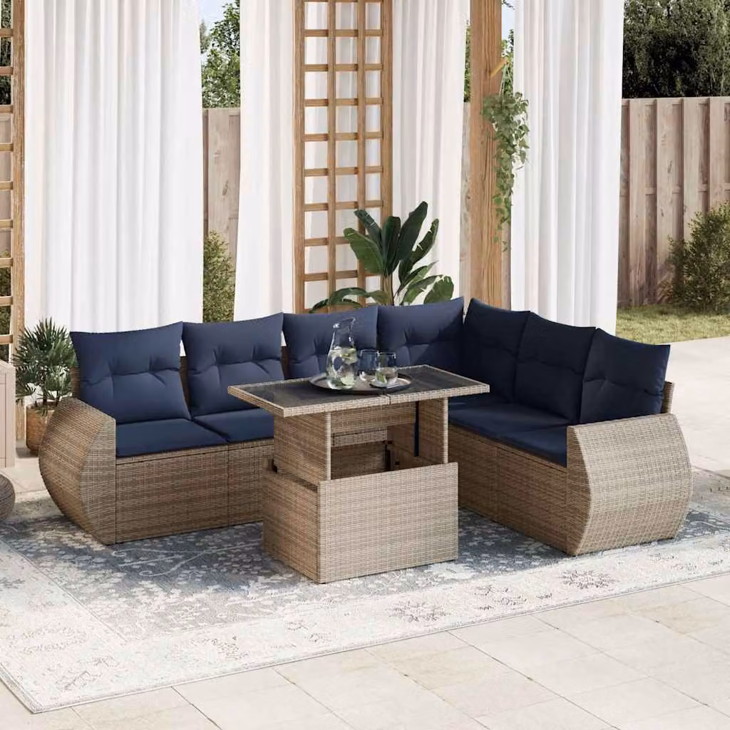 Set da giardino vidaXL a 7 posti con divano ad angolo, tavolino e cuscini in polyrattan e legno di acacia, colore grigio e blu