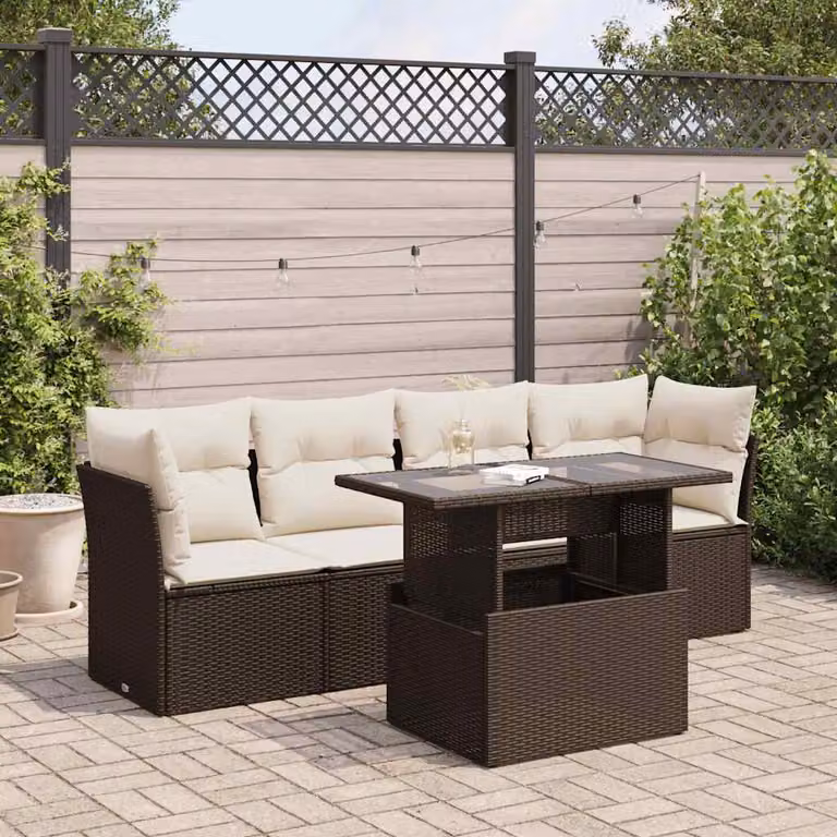 Set Divano da Giardino a L vidaXL in Polyrattan Marrone con Cuscini e Tavolino da Esterno